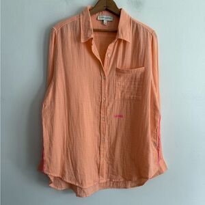 Kerri Rosenthal Peach Crinkle Cotton Button Down Shirt LOVED Embroidered